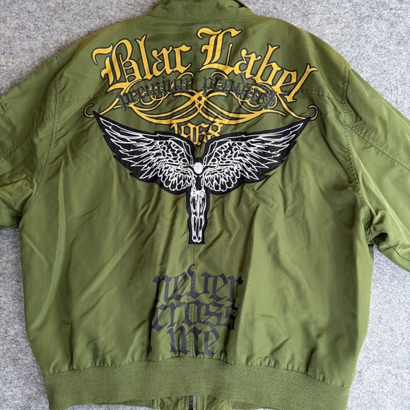 Canvas Bomber Jacket Mens 3XL Green Skull Guns Graphic Biker Goth - Picture 2 of 12